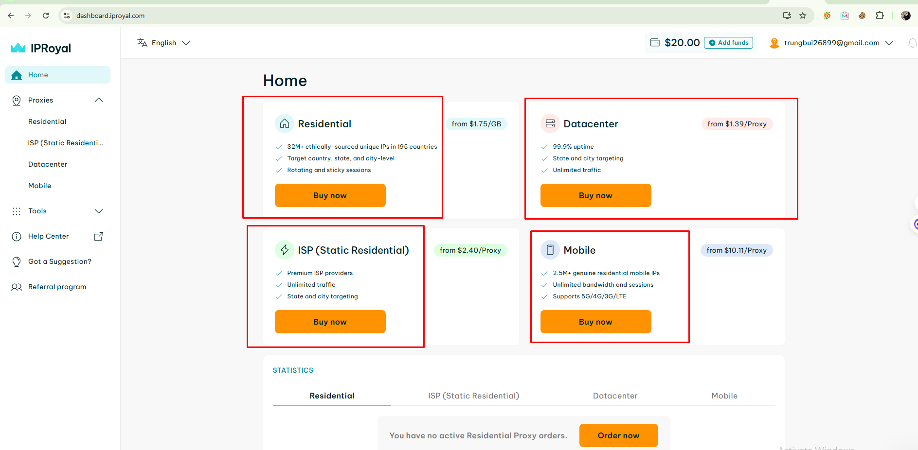4. After you have logged in, choose the proxy that suits your needs and buy it.
